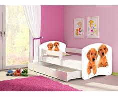 Clamaro Fantasia Weiß Motiv Kinderbett Komplett Set 180 x 80 cm inkl. Matratze, Lattenrost und Bettkasten Unterbett Schublade auf Rollen, Kantenschutzleisten umlaufend, extra Rausfallschutz Seitenteil (verstellbar), Seitenteile: