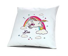 Kopfkissen mit Namen Lea - Motiv Verrücktes Einhorn, 40 cm, 100% Baumwolle, Kuschelkissen, Liebeskissen, Namenskissen, Geschenkidee