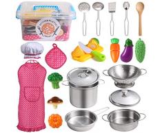 Juboury Küchenspielzeug Zubehör Kinderküche Kochgeschirr Edelstahl Pfannenset Schürze und Kochmütze für Mädchen und Jungen
