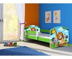 Clamaro Fantasia Grün Motiv Kinderbett Komplett Set 140 x 70 cm inkl. Matratze und Lattenrost, Kantenschutzleisten umlaufend, extra Rausfallschutz Seitenteil (verstellbar), Seitenteile: Grün, Design: 02 Tierpark-2