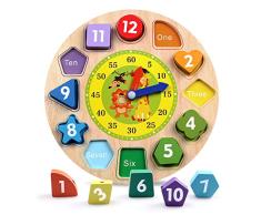Reastar Lernuhr Uhr-Spielzeug aus Holz Lernspiel aus Holz Kinderspielzeug Lernuhr Montessori Spielzeug mit Seil, Zahl und Tier Muster - Pädagogisches Lernen Spielzeug für Kinder ab 3 Jahren