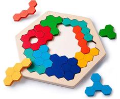 Rolimate Holzpuzzle Hölzernes Sechseck Puzzle für Kinder, Form Block Tangram Denkaufgabe Spielzeug Geometrie Logik IQ Spiel Montessori Entwicklungs Pädagogisches Geschenk alle Altersgruppen 14 Piece
