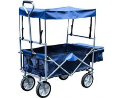 Faltbarer Bollerwagen mit Dach Handwagen Klappbar Gartenwagen Transportkarre Belastbar bis 80kg, 360 ° Drehbar Räder, inkl Hecktasche Rot/Blau Transportwagen