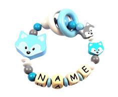 Premium Greifling mit Namen HOLZ Rassel Modell Familie Fuchs blau mit Glöckchen