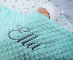 ★ Babydecke mit Namen und Datum bestickt ★ MINKY ★ Baumwolle ★ Füllung ★ (Minze - Minze Sternen)