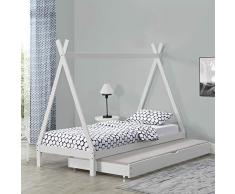 [en.casa] Kinderbett mit Ausziehbett 90x200cm Tipi Indianer Bett Kojenbett Gästebett Weiß Hausbett Kinder Haus
