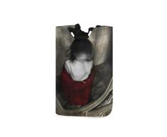 COFEIYISI Wäschesammler Wäschekorb Faltbarer Aufbewahrungskorb,Hausmädchen Schmerz weißes Kleid rot gruselig Schal Menschen Horror Teufel Vintage Puppe schwarz gruselig dunkles Gesicht,Wäschesack