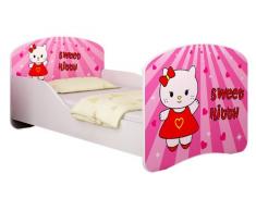 Clamaro Traumland Motiv Kinderbett Komplett Set 70 x 140 cm inkl. Matratze und Lattenrost, Sicherheit durch ABS Kantenschutz und Seitenteilen mit Rausfallschutz - 140 x 70 cm, Design: 15 - Sweet Kitty Motiv