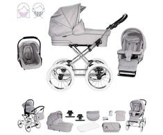 Friedrich Hugo München | 3 in 1 Kombi Kinderwagen Komplettset | Nostalgie Kinderwagen | Farbe: Silbergrau - Rad: Chrom Weiß