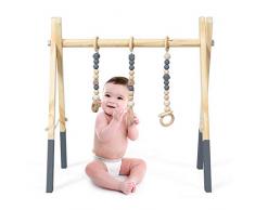 COSTWAY Baby Gym Babyspielgerät Spieltrapez Spielbogen Holzspielzeug Aktivitätszentrum mit 3 Kinderspielzeugen zur Gehirnentwicklung & sensorische Stimulation, für Babys über 3 Monate (Grau)