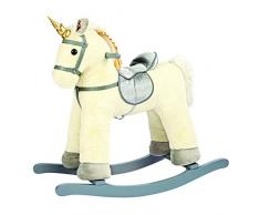 Bino 82550 Schaukelpferd Einhorn, Plüsch, weiß - ein Schmuckstück. Ein Knopfdruck im Ohr sorgt für ein Wiehern. Für Kinder mit einem Körpergewicht bis 30 kg und im Alter ab 3 Jahren.Größe 76x30x74 cm.