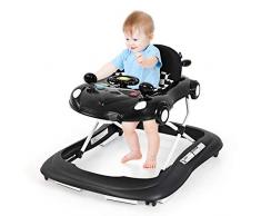 COSTWAY 2-in-1 Lauflernhilfe, Baby Walker höhenverstellbar, Gehfrei klappbar, Laufhilfe, Lauflernwagen, Laufstuhl mit Musik, Licht und Spiegel für 6-18 Monate (Schwarz)
