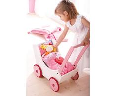 Haba 950 - Puppenwagen Herzen, niedlicher Puppenwagen aus Holz mit mit zweifach verstellbarem Bügel, Matratze, Kissen und Decke, Spielzeug ab 12 Monaten