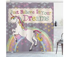 ABAKUHAUS Duschvorhang, EIN Einhorn mit Just Belive in Your Dreams Inspirierende Zitate Illustration Digital Druck, Blickdicht aus Stoff inkl. 12 Ringe für Das Badezimmer Waschbar, 175 X 200 cm