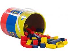 Playtastic Bauklötze: Holzbausteine im Aufbewahrungs-Eimer, 100 Stück, 4 Farben, 6 Formen (Motorikspielzeuge)