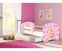 Clamaro Fantasia Weiß Motiv Kinderbett Komplett Set 160 x 80 cm inkl. Matratze, Lattenrost und Bettkasten Unterbett Schublade auf Rollen, Kantenschutzleisten umlaufend, extra Rausfallschutz Seitenteil (verstellbar), Seitenteile: