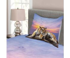 ABAKUHAUS Safari Tagesdecke Set, Tiger Bunte Sonnenuntergang, Set mit Kissenbezug Weicher Stoff, für Einselbetten 170 x 220 cm, Lavendel Senf Beige Lila
