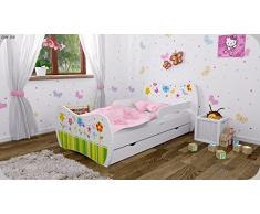 Kinderbett Weiss mit Matratze Bettkasten und Lattenrost - verschiedene Motive DM (Bunte Blumen, 160x80)