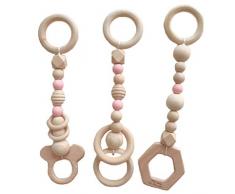 Luckiests 3PCS / Set Baby-Spiel-Gymnastik-Silikon-Perlen Holz Beißring Kleinkind Aufhänger Rattle Holz Ring Greiflinge Neugeborenes BabyPram Spielzeug