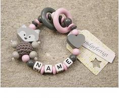 Baby Greifling Beißring geschlossen mit Namen - individuelles Holz Lernspielzeug als Geschenk zur Geburt Taufe - Mädchen Motiv Fuchs und Herz in grau rosa