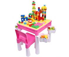 burgkidz Kindertisch mit 1 Stühle mit Stauraum, Maltisch Kindersitzgruppe Kindersitzgarnitur Tisch und Stuhl Set für Prinzessin Mädchen, mit 128 Stück Große Kreative Steine Kinder Lernspielzeug
