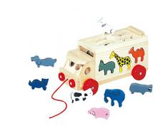 Bino & Mertens 84068 - Stecktiere-Lastkraftwagen. Nachzieh-Stecktiere-LKW, aus Holz, 11tlg. Zum Kennenlernen der Holz-Tiere, deren Namen und Formen. Größe ca. 29,5x14,5x15,5 cm.