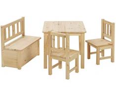 BOMI Kindertisch mit 2 Stühle und Spielzeugkiste | Kindertruhenbank aus Kiefer Massiv Holz für Kinder | Kindersitzgruppe unbehandelt Mädchen und Jungen