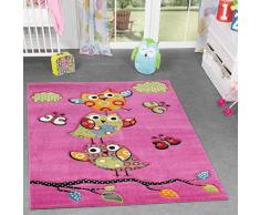 TT Home Eulen Teppich Pink Fuchsia Grün Creme Kinderzimmerteppich mit Konturenschnitt, Größe:120x170 cm