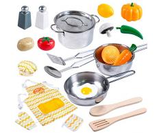 JOYIN Küchenspielzeug Küche Pretend Spielzeug mit Edelstahl Kochgeschirr Töpfe und Pfannen Set, Schürze, Kochmütze und Lebensmittel für Kinder, Mädchen und Jungen, Kinderküche