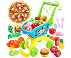 Buyger 31 Stück Kinder Küchenspielzeug Schneiden Spielzeug Einkaufswagen Obst Gemüse Spielzeug mit Lichtern und Musik für Kinder