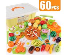 JoyGrow 60PCS Küchenspielzeug Kinder Schneide Lebensmittel Spielzeug Plastik Obst Gemüse Pizza Cutting Toy Kinder Rollenspiele Spielzeug(Aufbewahrungskiste)