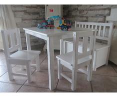 Best of JAM® Kindersitzgruppe aus europäischem Kiefernholz MASSIVHOLZ 1 Tisch 2 Stühle 1 Kindersitzbank mit Deckelbremse und Stauraum (WEIß)
