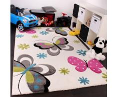 Kinder Teppich Schmetterling Design Pink Grün Blau Grau Creme, Grösse:140x200 cm