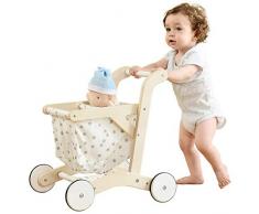 labebe Kinder Einkaufswagen Holz Lauflernhilfe Pretend Play Spielzeug Puppenwagen Spielzeug Stabil Leinwand Zubehör für Kaufmannsladen und Rollenspiele
