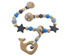 Premium Kinderwagenkette aus HOLZ und Silikon Modell Hexagon Sterne blau Wal