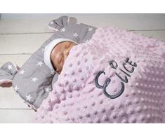 Zweilagige Decke mit Namen + Kissen mit Ohren - Baumwolle - Kinderwagen - MINKY - 75x100 cm - (Hellblau - Sterne 2)