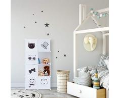 Relaxdays Steckregal Kinderzimmer, Katzen Motiv, 7 Fächer, Kleiderstange, Kleiderschrank HxBxT: 145 x 74 x 36,5 cm, weiß