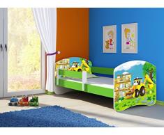 Clamaro Fantasia Grün Motiv Kinderbett Komplett Set 160 x 80 cm inkl. Matratze und Lattenrost, Kantenschutzleisten umlaufend, extra Rausfallschutz Seitenteil (verstellbar), Seitenteile: Pink, Design: 20 Bagger