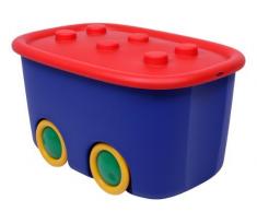 Ondis24 Spielzeugaufbewahrungsbox Spielzeugkiste Aufbewahrungsbox Kinder Spielzeugbox Funny mit großen Rädern und aufliegendem Deckel, rot blau