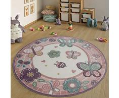 Paco Home Kinderteppich Rund XXL 180 cm Ø 160 cm Ø 120 cm Ø Blumen Schmetterling Rosa, Grösse:Ø 120 cm Rund