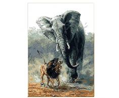 JKVDJS Ungerahmte Löwen- Und Elefantenmalerei Nach Zahlen DIY Animal Handpainted Wall Pictures Ausmalbilder Nach Zahlen for Living Room Home, 40X50Cm No Frame