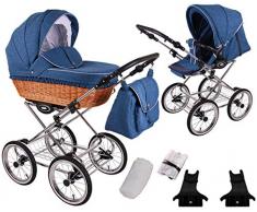 RETRO Deluxe - Ein Luxus, Nostalgie Kinderwagen mit Naturleinen - Kombikinderwagen mit Weidenkorb Komplettset de luxe 3 in 1: Kinderwagen + Sportwagenaufsatz + Autositzadapter