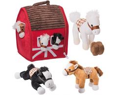 Prextex Plüsch Bauernhaus mit weichen und kuscheligen 5 Plüsch Pferde, Bauernhofjunge und Bauernhaus-Scheune im tragbaren Koffer
