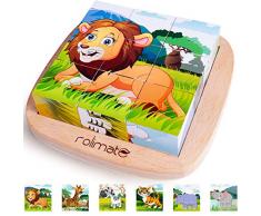 Rolimate Bilderwürfel Holz, Würfelpuzzle Puzzlespiele 6 in 1Tier-Motive mit 9 Würfel Holzspielzeug für Kinder ab 2 3 4 Jahren, 16 x 16cm, bunt