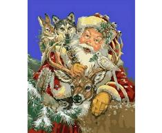 No-brand DIY Malen nach Zahlen Kinder Weihnachtsmann und Tiere Malen nach Zahlen Erwachsene Anfänger Leinen Leinwand Acryl Anzahl Malerei Geschenke 16x186 Zoll ohne Rahmen