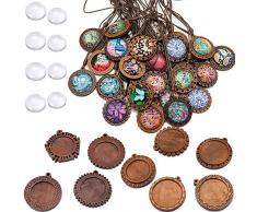 DAHI 36 STK Rund Anhänger Tablett Lünette aus Holz mit Glas Cabochon Retro Glaskuppel Bastelset für DIY Souvenir Dild Medaillon Halskette Geschenk Schmuckherstellung