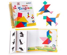 Coogam Travel Tangram Puzzle mit 3 Magnetic Tangram - Road Trip Tangoes Jigsaw Shapes Dissektionsspiele mit Lösung - IQ Book Pädagogisches Spielzeug Rätselgeschenk