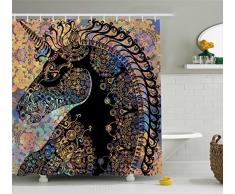 Abakuhaus Duschvorhang, Märchen Einhorn Profil Ethnischer Kreismandala und Blumen Grafik Bunter überwältigender Druck, Blickdicht aus Stoff mit 12 Ringen Waschbar Langhaltig Hochwertig, 175 X 200 cm