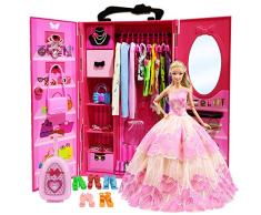 ZITA ELEMENT 51PCS Kleiderschrank Möbel für 11,5 Zoll Puppen -1 Schrank 1 Koffer 2 Freizeitkleidung 2 Badeanzüge 2 Kleider 3 Minikleider 10 Halsketten 10 Schuhe 10 Taschen Kleiderbügel 10 Handtasche