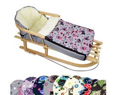 BambiniWelt Kombi-Angebot Holz-Schlitten mit Rückenlehne & Zugseil + universaler Winterfußsack (108cm), auch geeignet für Babyschale, Kinderwagen, Buggy, aus Wolle im Eulendesign (Eule $ 12)